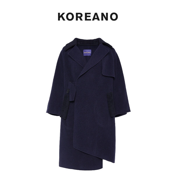 Winter quiet blue and black mid-length loose unique leather buckle coat FY1847B