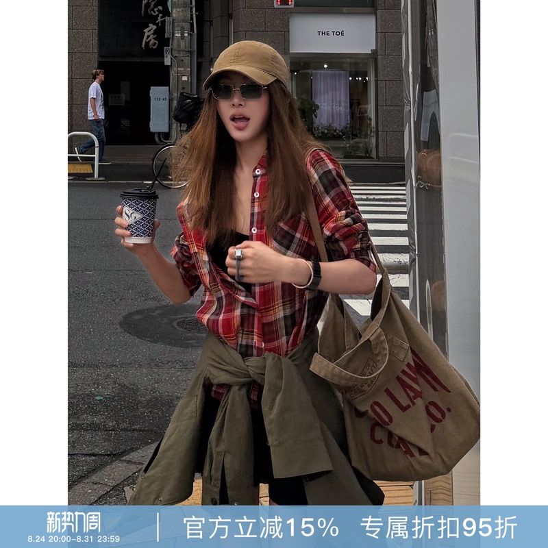 Rher Studio “Plaid Red” Retro Casual Versatile Plaid Long-Sleeve Color-Block Pocket Shirt C2070