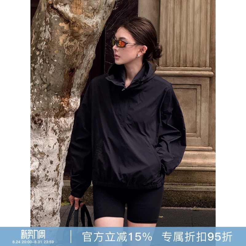 Rher Studio American Casual Simple Drawstring Hooded Loose Woven Half-Zip Sweatshirt Hoodie W8135