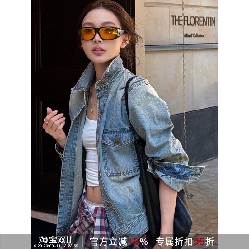 Rher Studio "Seattle Time" Distressed Washed Stand-Up Collar Versatile Slimming Denim Jacket W6007 Rher Studio "Seattle Time" Distressed Washed Stand-Up Collar Versatile Slimming Denim Jacket W6007