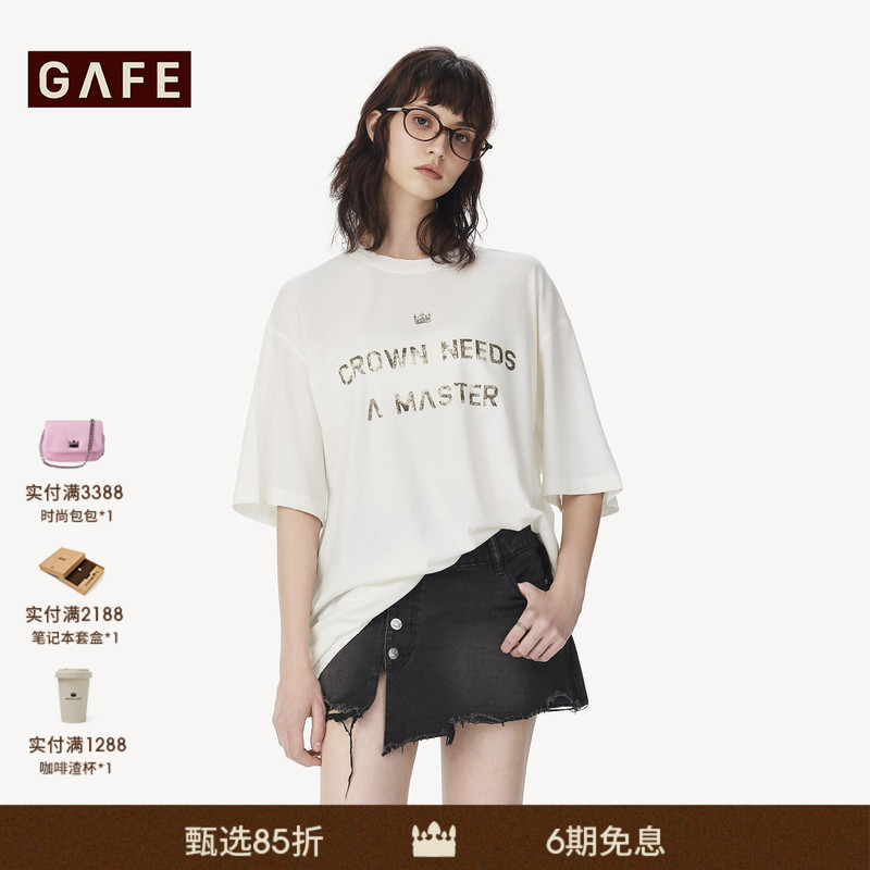 Gafe Crown "Liu Yao Wen's Style" Letter Print T-Shirt for Women, Loose Mid-Length, Relaxed and Luxurious Top