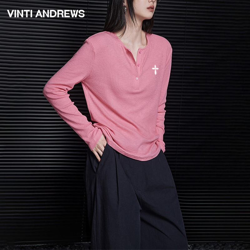 Vinti Andrews Pink Slim-Fit Long-Sleeved Knitwear T-Shirt Women's Autum New Design Casual Top Vinti Andrews Pink Slim-Fit Long-Sleeved Knitwear T-Shirt Women's Autum New Design Casual Top
