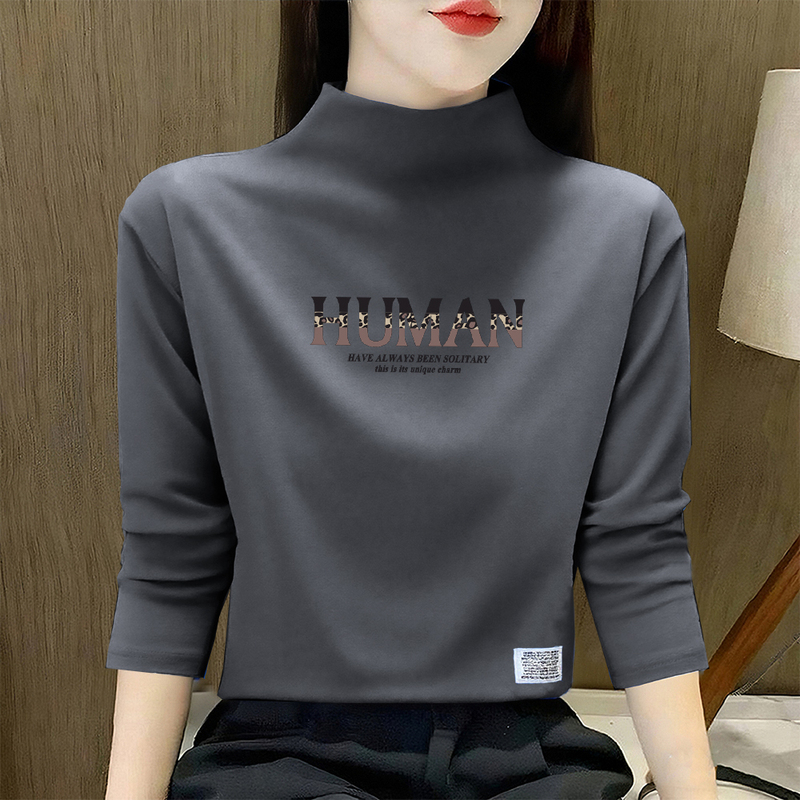 Spring and Autumn New Style Pure Cotton Half-High Collar Long-Sleeve T-Shirt for Women, Loose Fit, Large Size, Pullover, Simple Base Shirt, All-Cotton Spring and Autumn New Style Pure Cotton Half-High Collar Long-Sleeve T-Shirt for Women, Loose Fit, Large Size, Pullover, Simple Base Shirt, All-Cotton