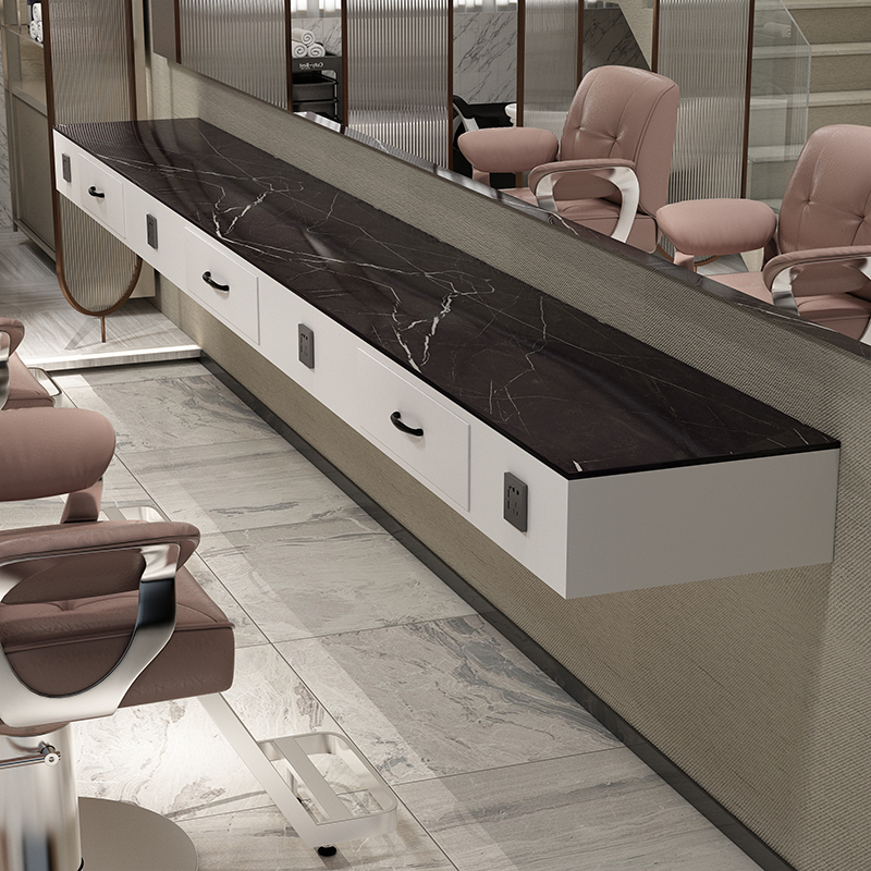 Barber Shop Special Mirror Table with Marble and Drawers, Integrated Cabinet for Dyeing and Perming Area, Wall-Mounted Countertop, Solid Wood Countertop Barber Shop Special Mirror Table with Marble and Drawers, Integrated Cabinet for Dyeing and Perming Area, Wall-Mounted Countertop, Solid Wood Countertop