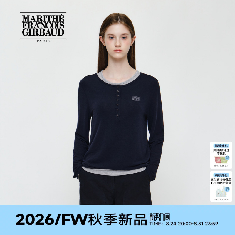 Marithe Women's 2026 Autumn Henry Collar Layered T-Shirt Grey Mfg High-Sense Fashion Long Sleeve T-Shirt