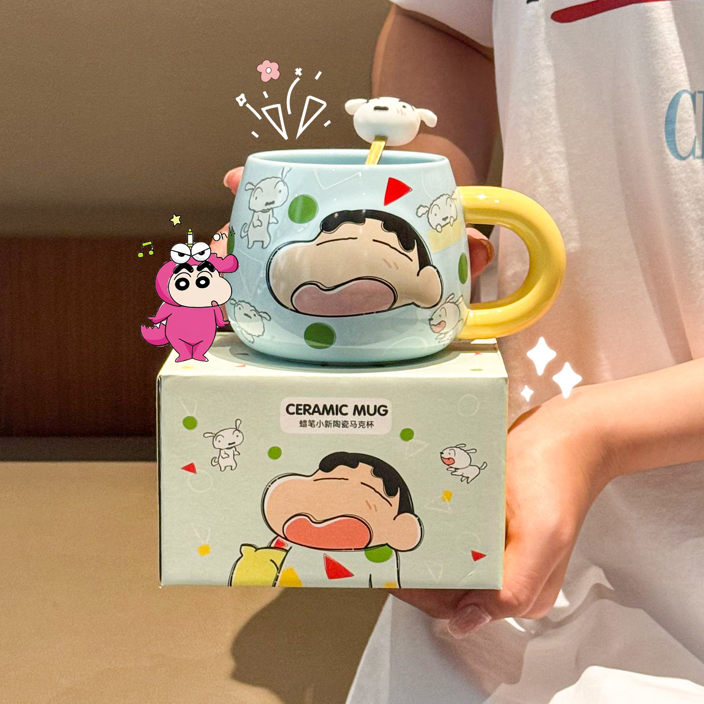 Подлинная керамическая кружка crayon Shin-chan с ложкой большой емкости, домашняя чашка для пары, чашка для завтрака, чашка для кофе