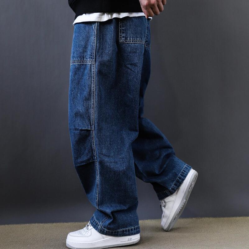 Oversized American Retro Washed Multi-Pocket Cargo Jeans for Men, Trendy Loose Wide-Leg Dad Pants
