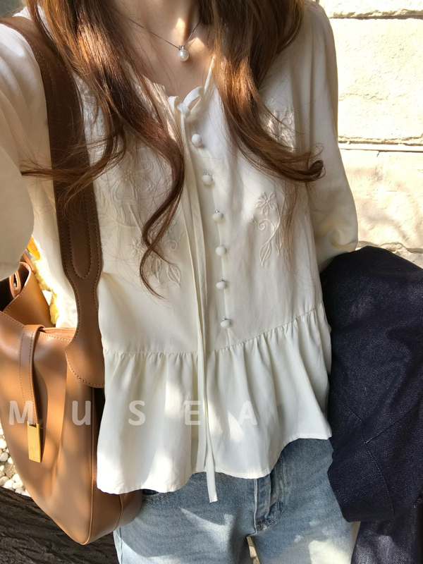 Spring Embroidered Lace-Up Shirt