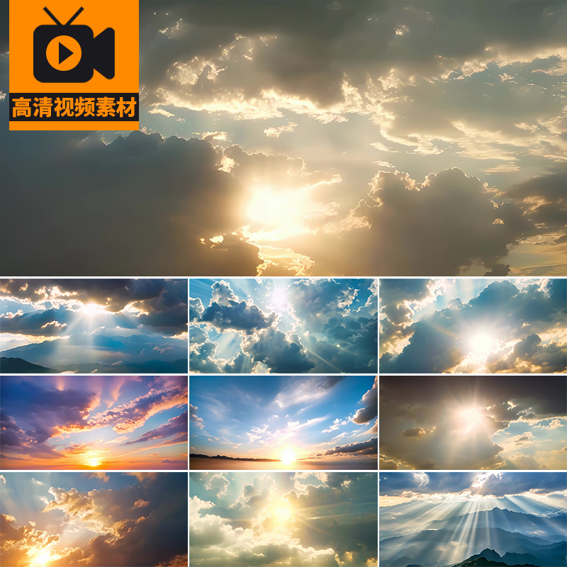 4K Morning Sunrise, Blue Sky, White Clouds, Flowing Clouds, Cloud Layers, Sunlight, Tyndall Effect Video Footage