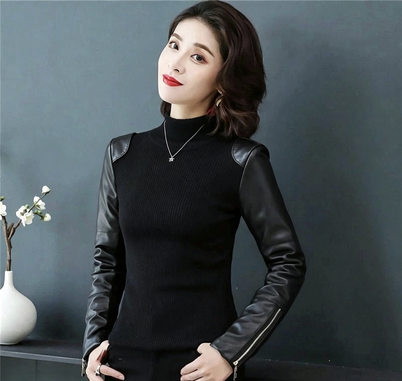 Leather Sleeve Base Layer Shirt for Women, Autumn and Winter Knit Sweater with Half-High Collar and Zipper, Sheepskin Sleeve Base Layer Shirt Leather Sleeve Base Layer Shirt for Women, Autumn and Winter Knit Sweater with Half-High Collar and Zipper, Sheepskin Sleeve Base Layer Shirt