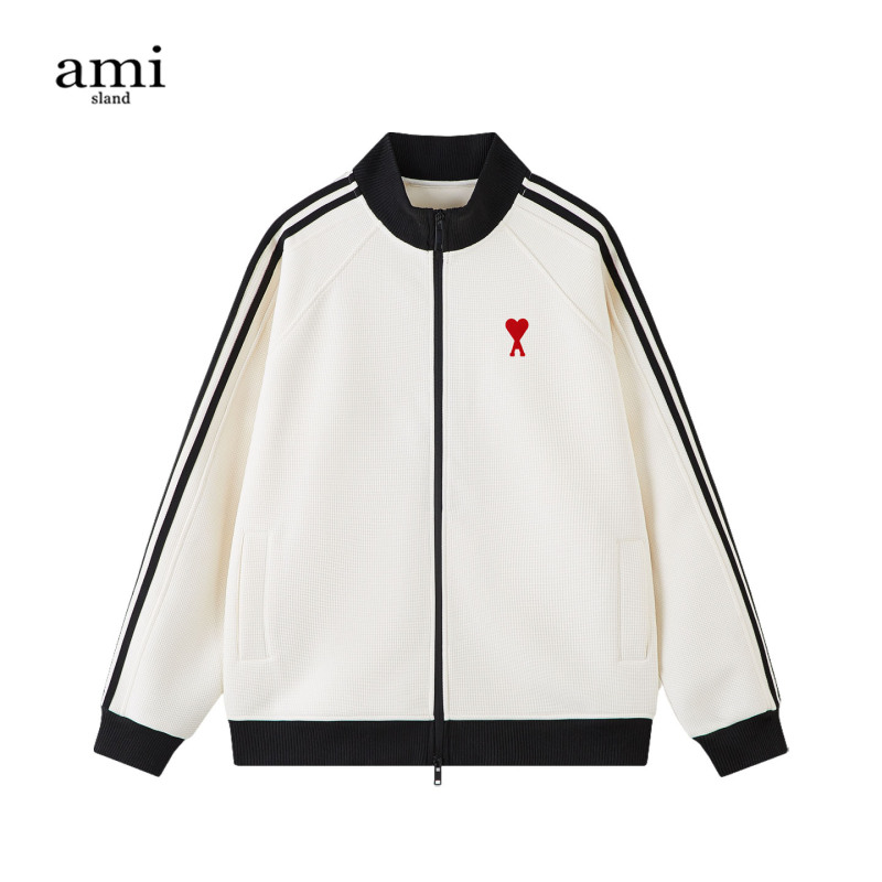 Ami Official American-Style Stand-Up Collar Long-Sleeve Zip-Up Jacket with Three Stripes, Loose Fit, Versatile Casual Sporty Style Coat