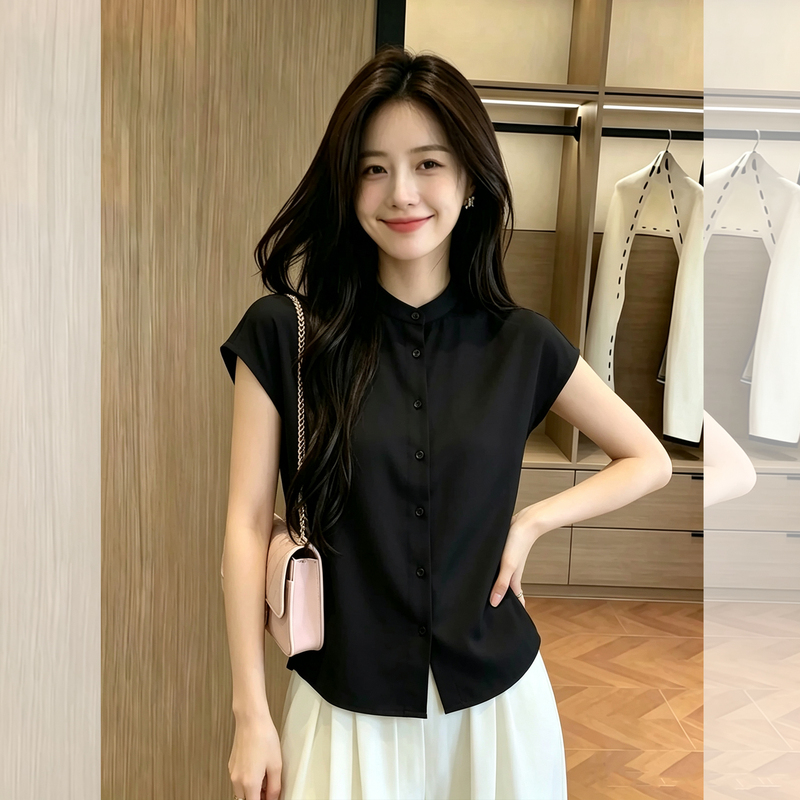 Lightweight and Simple Black Stand-Collar Sleeveless Shirt for Women, Early Autumn 2026, Black Single-Breasted Commuter Style, Elegant and Slimming Top Lightweight and Simple Black Stand-Collar Sleeveless Shirt for Women, Early Autumn 2026, Black Single-Breasted Commuter Style, Elegant and Slimming Top
