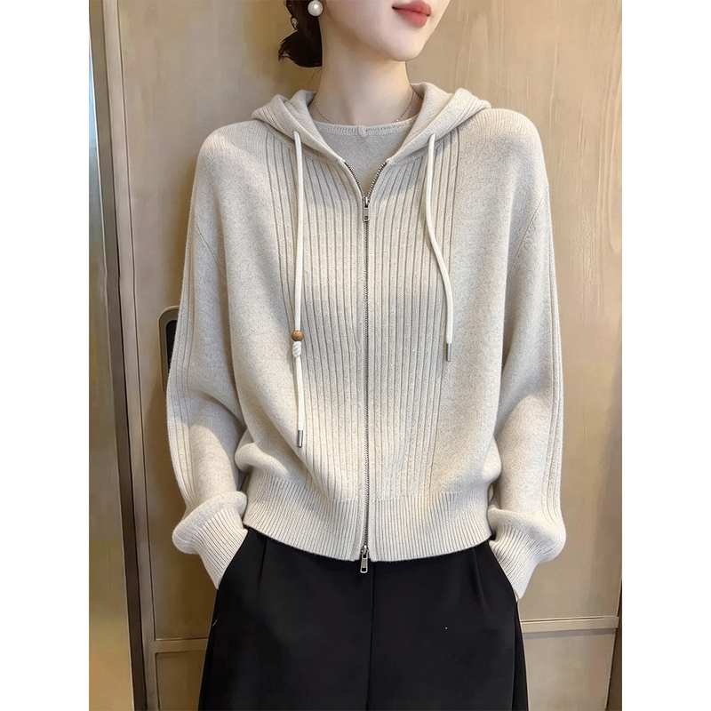 Casual Style Drawstring Hooded Zipper Cardigan for Women 2026 Autumn Ribbed Texture Loose Short Knitted Sweater Jacket Casual Style Drawstring Hooded Zipper Cardigan for Women 2026 Autumn Ribbed Texture Loose Short Knitted Sweater Jacket