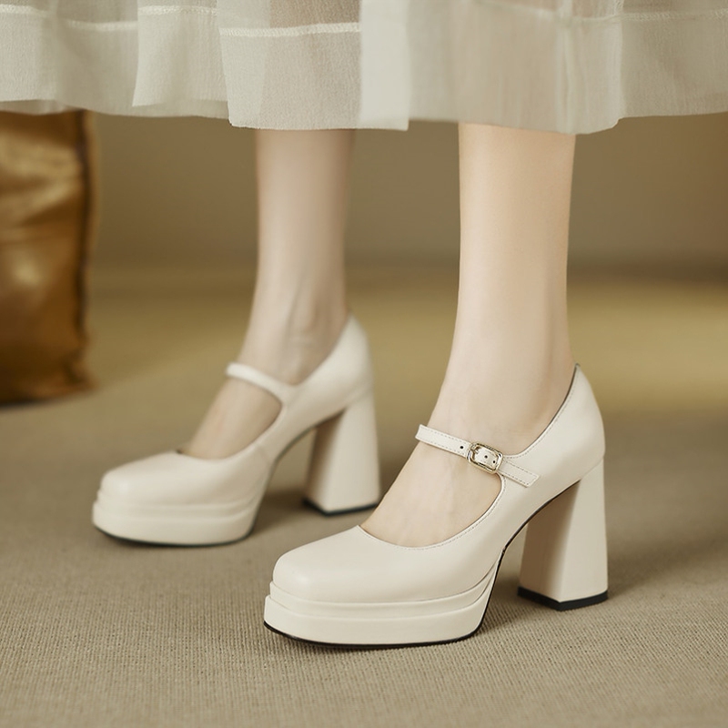 [Italy~Caropalfi] 9.5cm Thick Heel Single Shoe with Thick Sole, Waterproof Platform, Genuine Leather Mary Jane High Heels