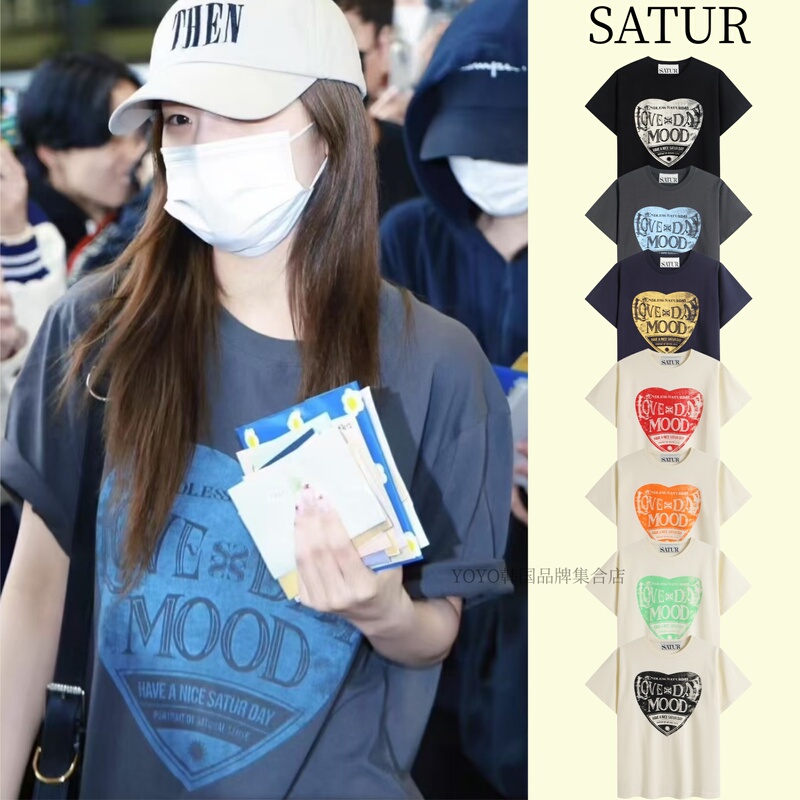 [Authentic] Korean Satur Retro Heart Print Short-Sleeve T-Shirt, Same Style as Yeo Ji-Hyung and Kim Seul-Gi, Couple Pure Cotton