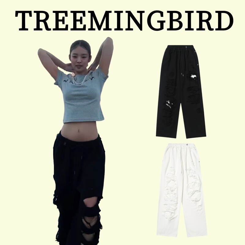 [Official Authentic Product] Jennie's Same Style Treemingbird Ripped Pants, Washed Sweatpants, Knife-Cut Wide-Leg Pants