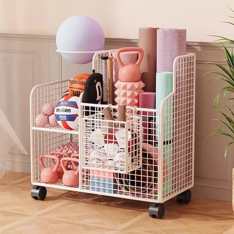 Yoga Mat Storage Basket, Home Fitness Equipment Storage Rack with Wheels, Basketball and Badminton Gap Storage Shelf