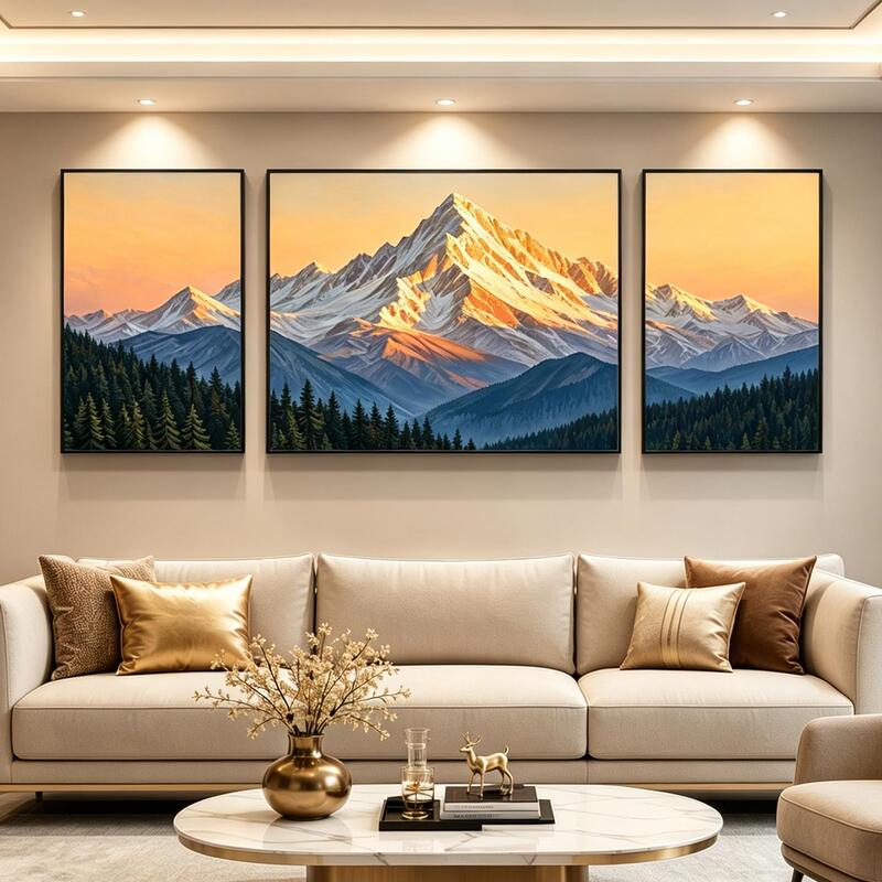 2026 New Model Living Room Wall Art with a Mountain Landscape, Sofa Background Wall Decoration Painting, Light Luxury and High-End Feel, Triptych Wall Art