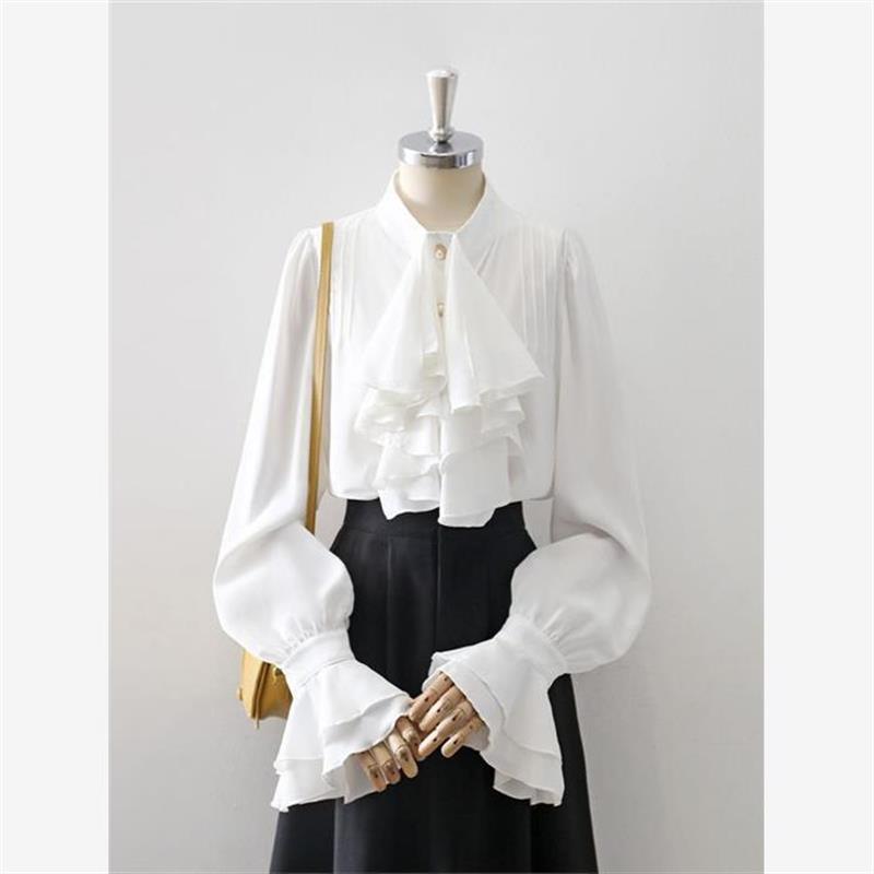 Prince-Style Shirt, Retro Palace Style, Satin White Small Stand-Up Collar Shirt for Women, Spring and Summer Niche Design with Bell Sleeves