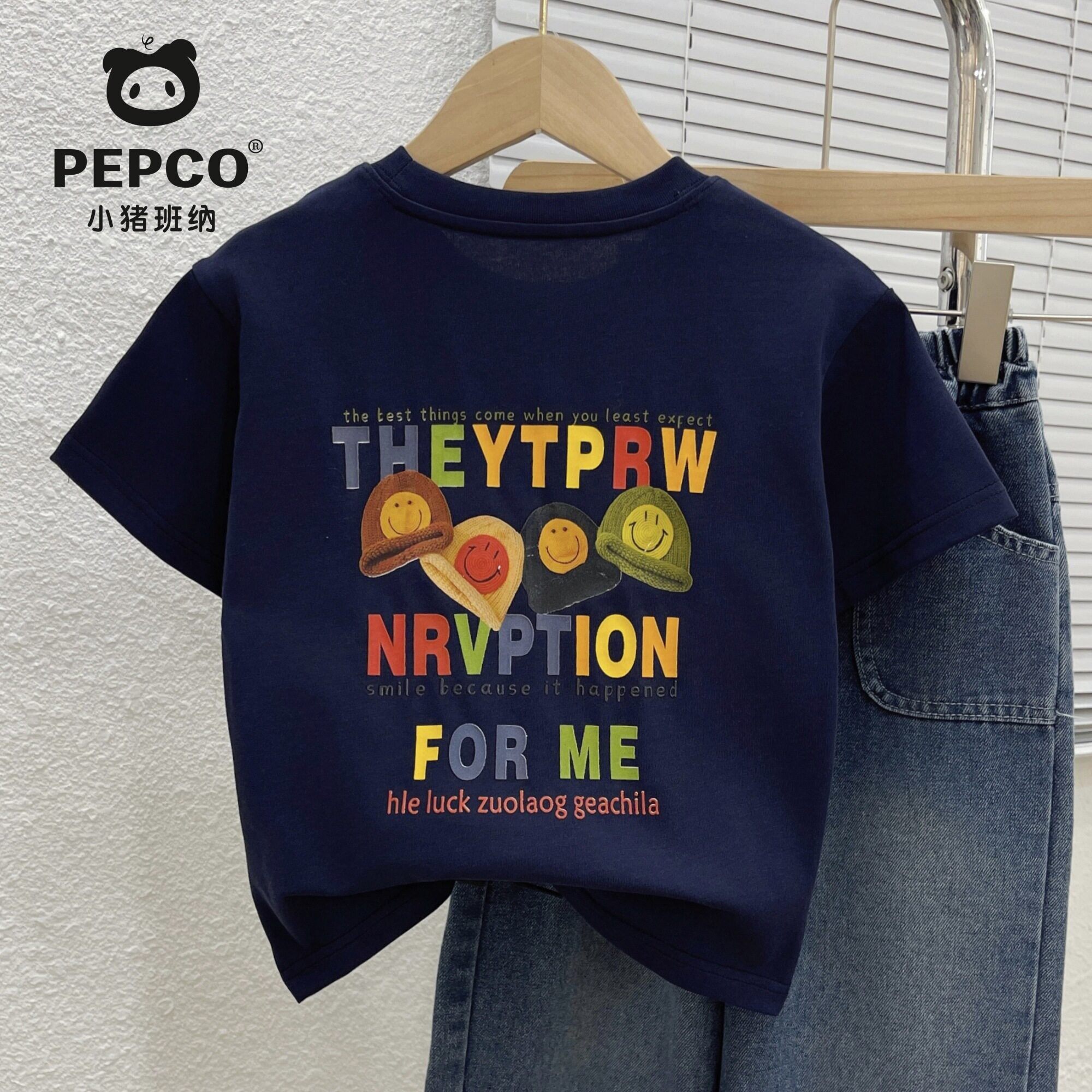 PEPCO/Little Pig Banner 2026 夏用 子供用 ルーズレタープリント 半袖Tシャツ、ラウンドネック、男の子にも女の子にも着回し可能