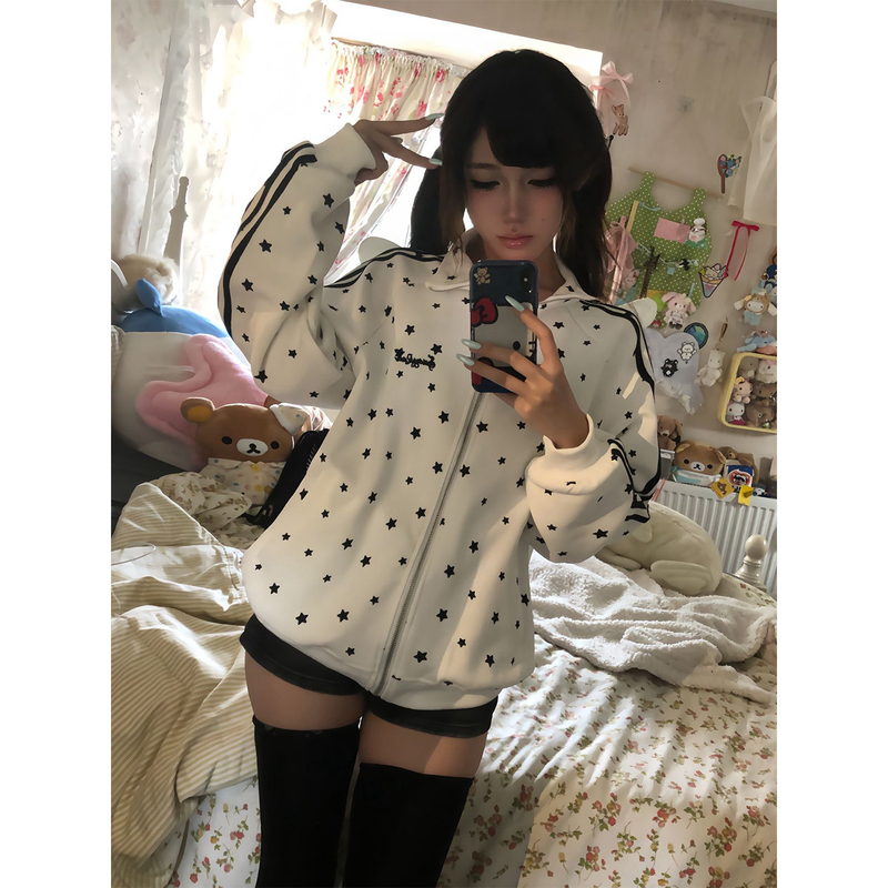 Y2K Light Star Polka Dot Jacket for Women Early Autumn New Stereo Sweatshirt Cardigan Detachable Angel Wings Top