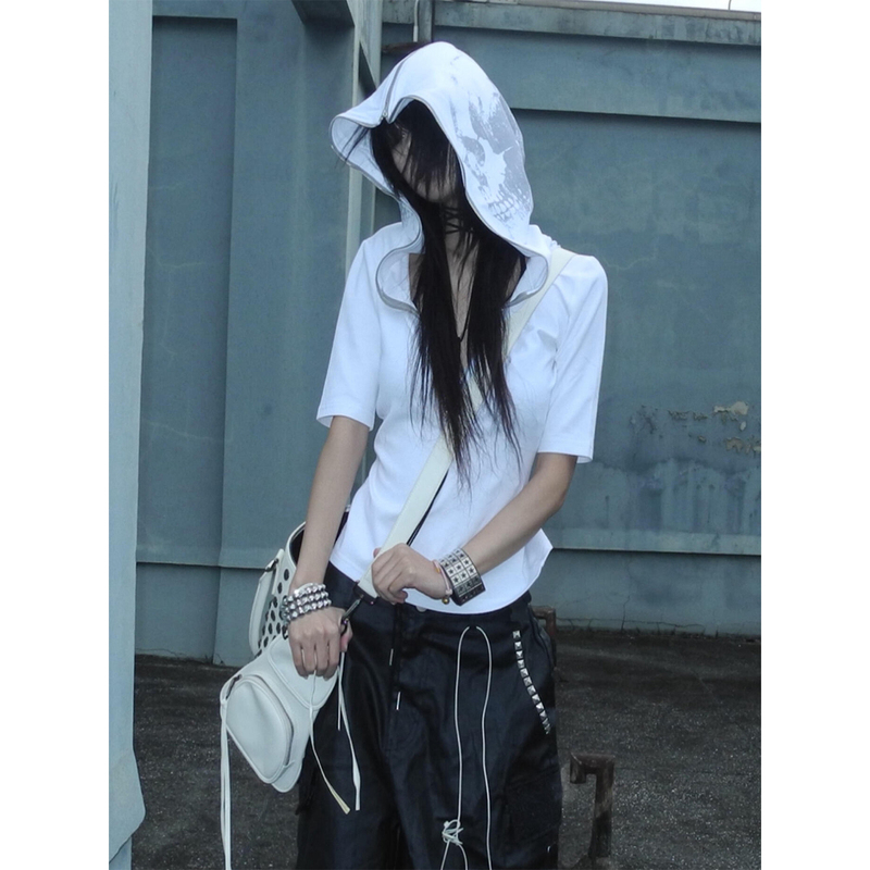 "Skinny" Skull Print Slim-Fit Hooded Boxing Mid-Sleeve Sports Short-Sleeve T-Shirt