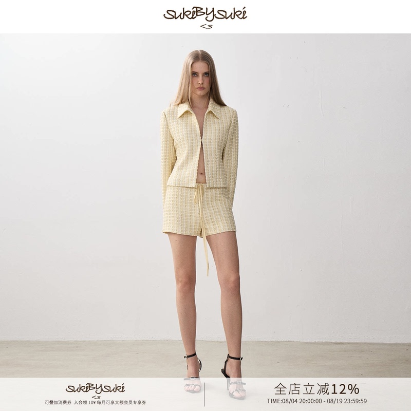 Sukibysuki Tweed-Style Sequin Floral Yarn Hook-Button Cardigan Jacket and Shorts Two-Piece Set