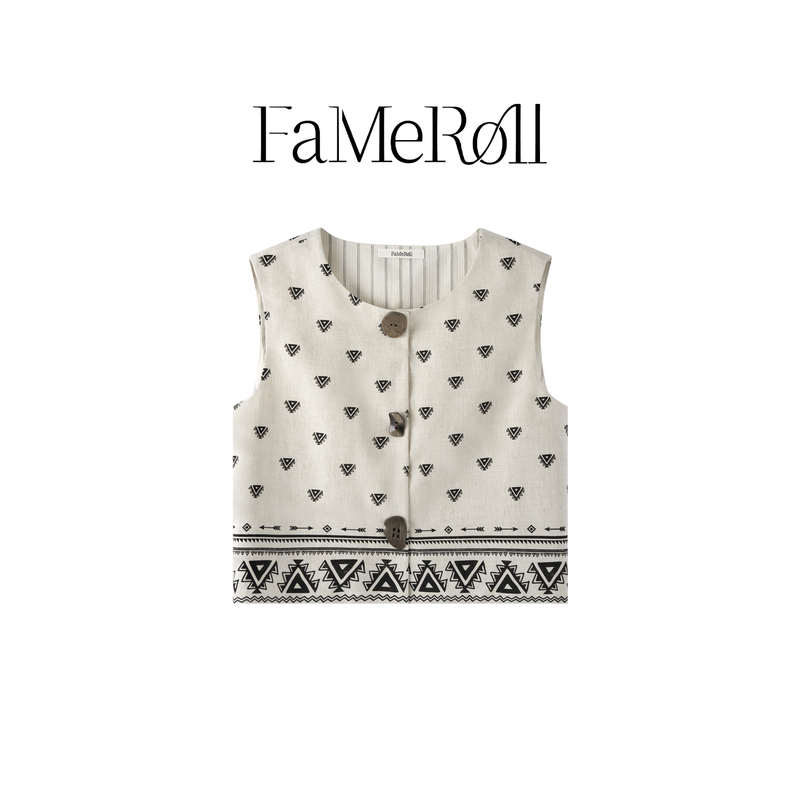 Fameroll/Fameroll Retro Geometric Pattern Printed Vest Lyocell Linen Top Summer Versatile New Style