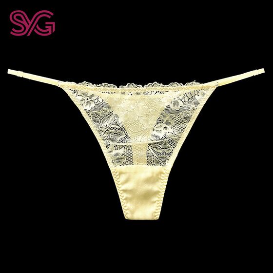 一夜千丝内裤女桑蚕丝性感丁字裤 低腰t裤蕾丝边一根带内衣女