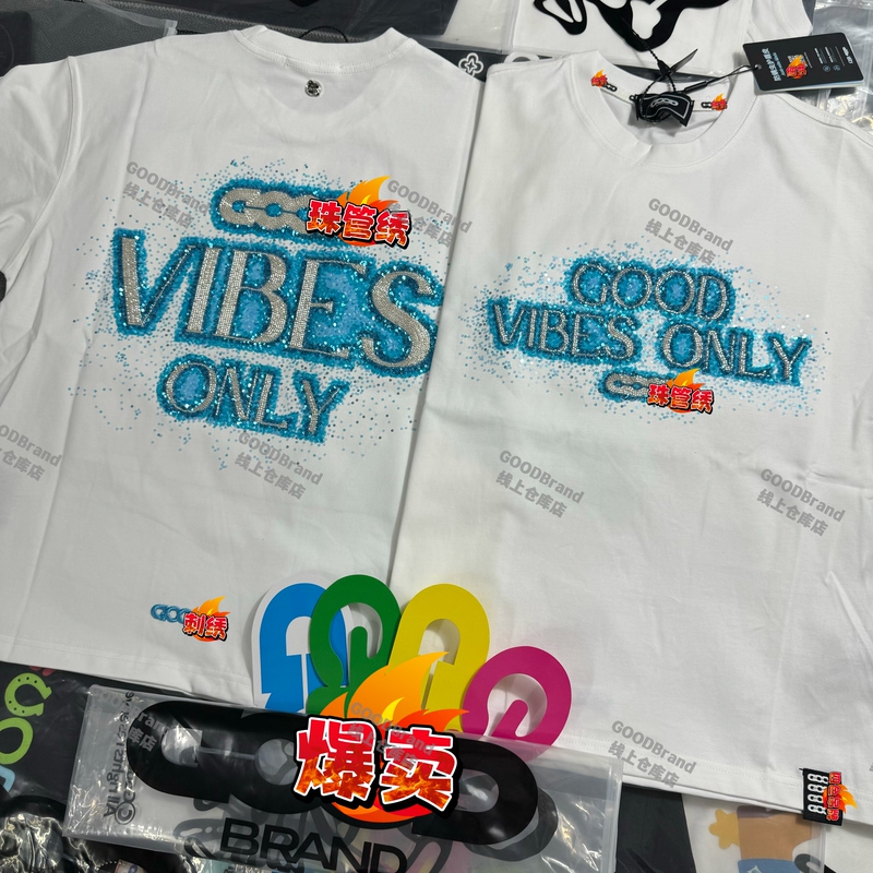 Goodband Blue Galaxy Short Sleeve T-Shirt with Beaded Embroidery and Sequin Embroidery Slogan, Loose Fit, Unisex Couple Style