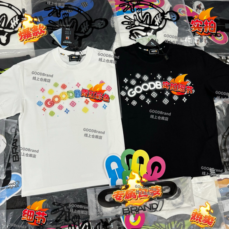 Goodbrand Colorful Neon Foam Lettering Slogan Short-Sleeve Heavyweight Loose High-End T-Shirt Unisex