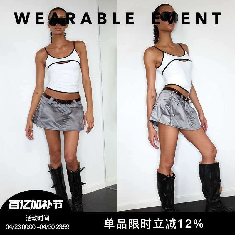 Wearable Event Low-Waisted Micro-A Silver Zipper Pants Skirt Silver Zipper Mini Skirt
