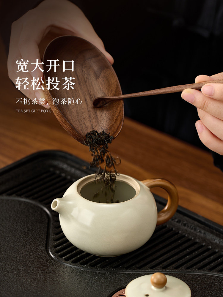 Wenbai Ru Kiln Tea Set for Home Use, Including Teapot, Teacups, Complete Kung Fu Tea Set, Tea Table, Suitable for Office and Entertaining Guests