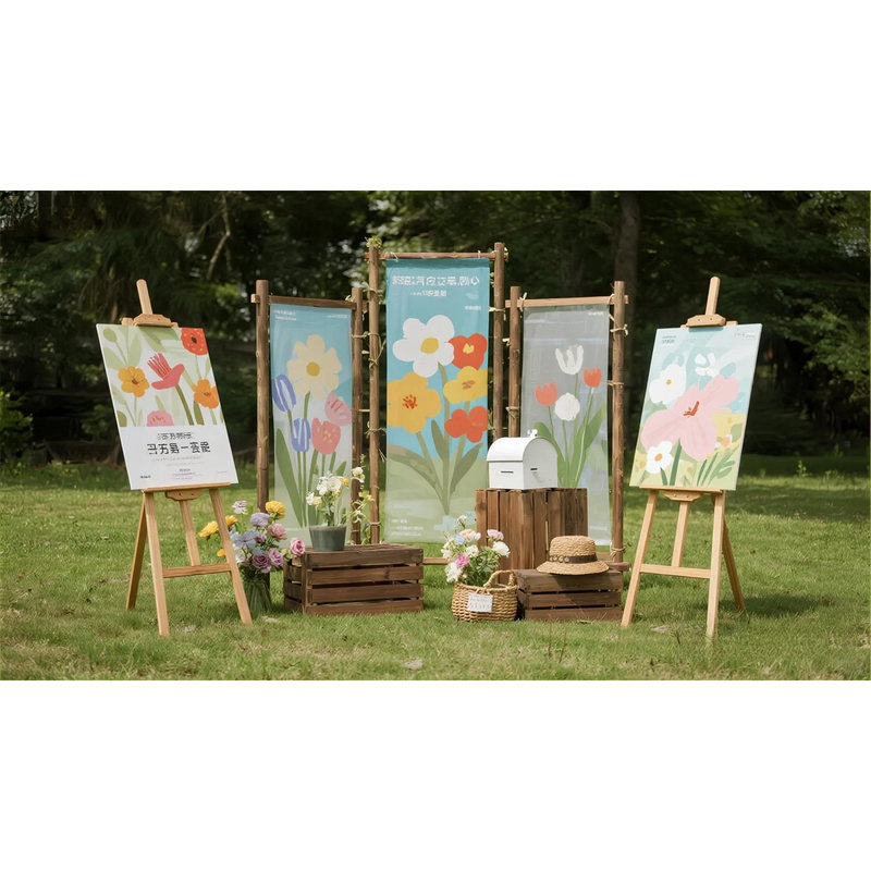 Outdoor Camping Site with Wooden Frames, Cedar Wood Structures, Farmyard Homestay Ambiance Setup, Flag Hanging Cloth Rack, Photo Spot