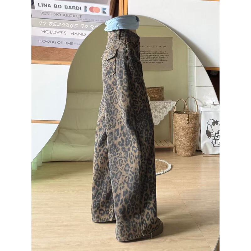 Vintage High Street American-Style Leopard Print Wide-Leg Pants for Women, 2026 Summer New High-Waisted Loose Fit, Height-Enhancing, Versatile Long Pants