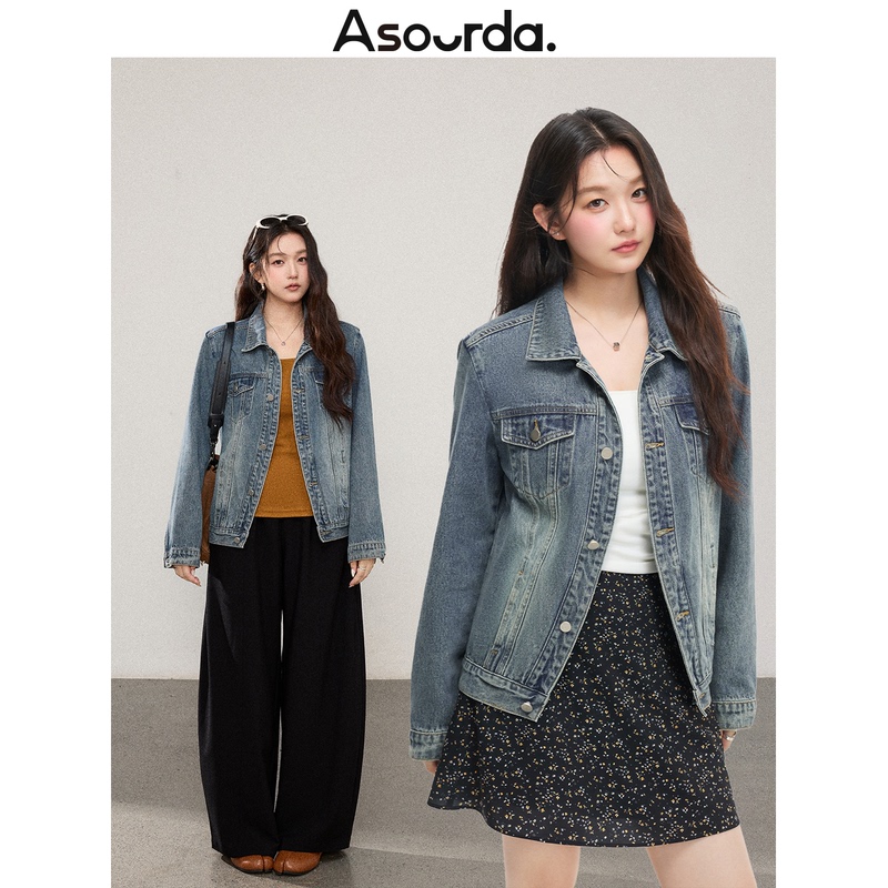 A Bite of Su Da Zhang Pangpang [West Coast] American Retro Blue Denim Jacket with a Large Lapel, Plus-Size, Covers the Body, Women's Top