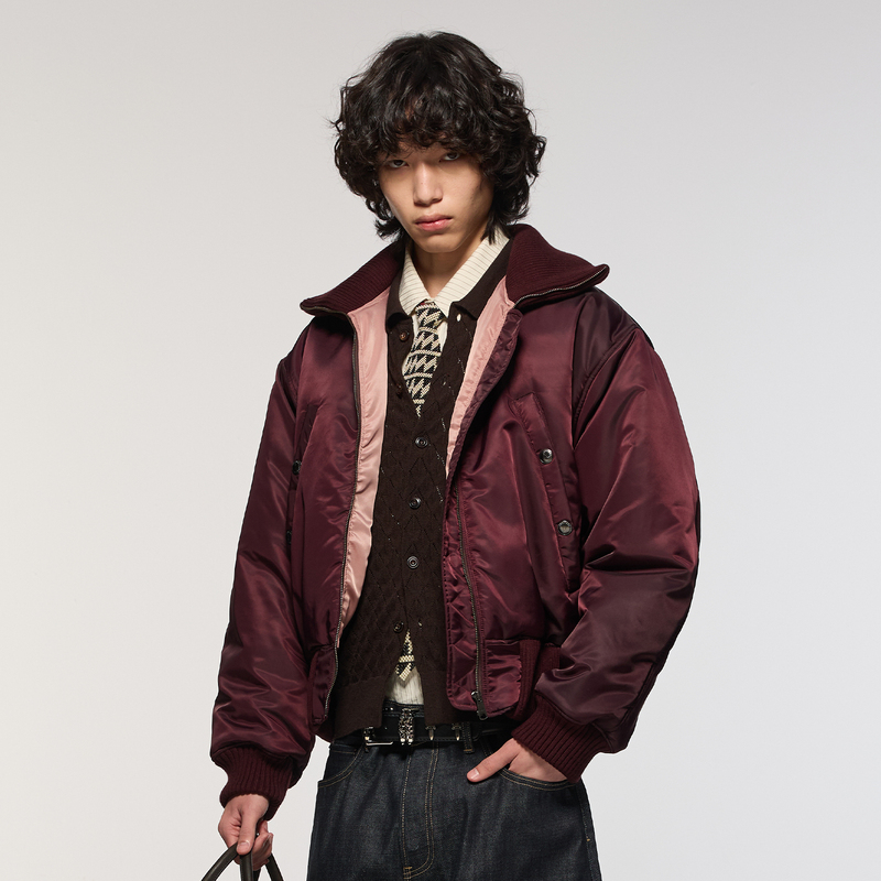 Azurelisseur Unblue "Cherry" Burgundy Glossy Nylon Cotton Short Bomber Jacket Azurelisseur Unblue "Cherry" Burgundy Glossy Nylon Cotton Short Bomber Jacket