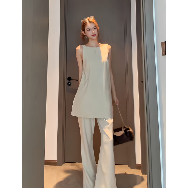 Shiguangli Studio Light Luxury Minimalist Style Set: Solid Color Sleeveless Vest Top and Slimming Casual Pants Two-Piece Set