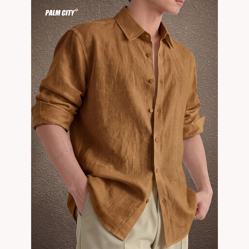 Palm City Classy American-Style 100% Pure Linen Long-Sleeved Lapel Shirt for Men 2026 Autumn New Loose-Fitting Shirt Palm City Classy American-Style 100% Pure Linen Long-Sleeved Lapel Shirt for Men 2026 Autumn New Loose-Fitting Shirt