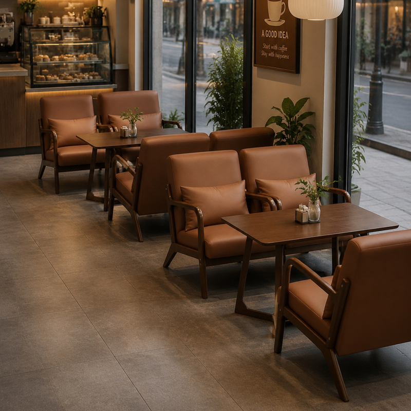 Retro-Style Coffee Shop Table and Chair Set, Milk Tea Shop Lounge Area, Reception Solid Wood Sofa, Homestay Hotel Leisure Booth