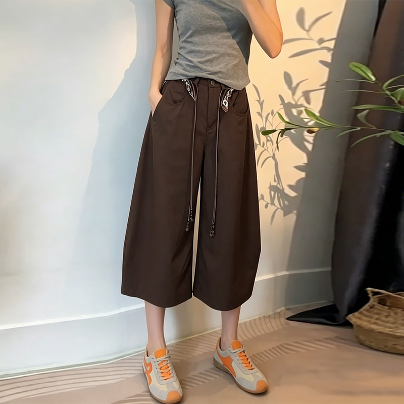 Super Popular Dark Brown Cropped Pants for Women, Summer Thin Style, 2026 New Model, Plus Size, High Waist, Loose Fit, Wide Leg Pants
