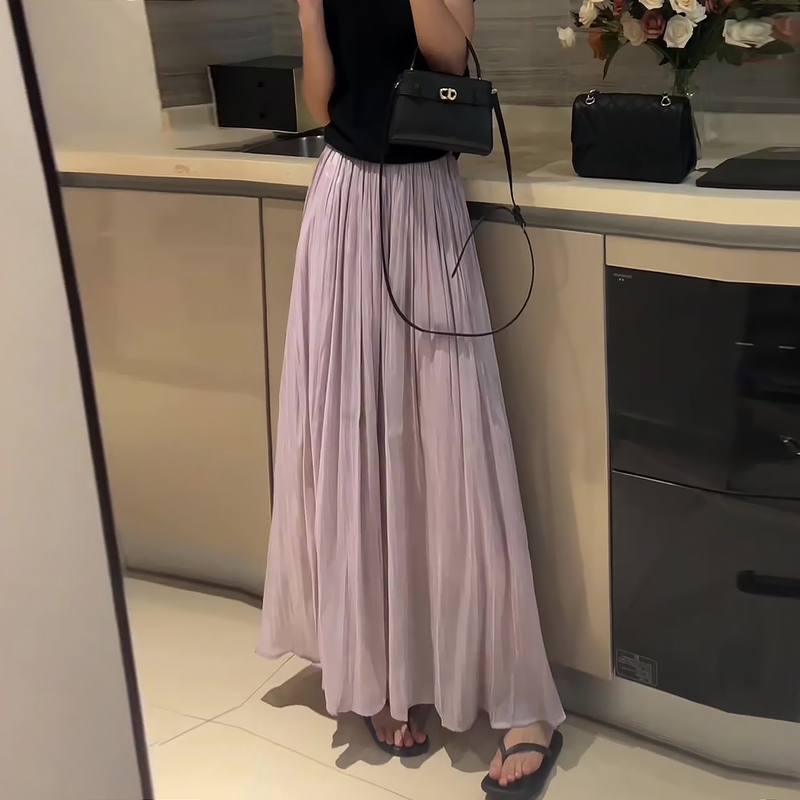 Super Stylish Pink Pleated Skirt for Women, Summer 2026 New Model, Plus Size, Elegant and Age-Reducing Long Flared Skirt