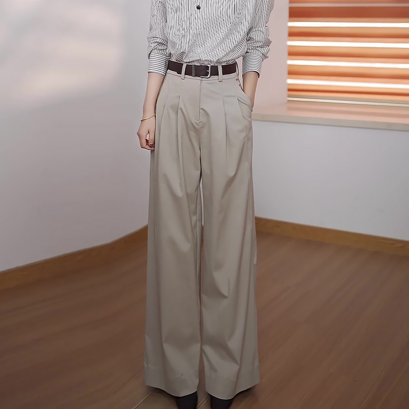 Light Khaki Wide-Leg Suit Pants for Women, Spring 2026 New Style, Plus-Size, High-Waisted, Drapey, Slimming, Floor-Length Pants