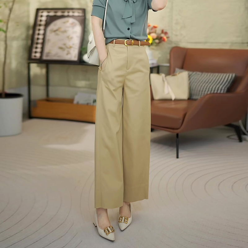 Khaki Cropped Suit Pants for Women, Summer Thin Style, 2026 New Model, Plus Size, High-Waisted, Loose, Casual Straight-Leg Pants