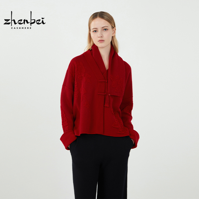 Zb/Zhenbei Autumn and Winter New Product New Year Red Cashmere V-Neck Elegant Women's Cardigan Fashionable and Versatile/H81099