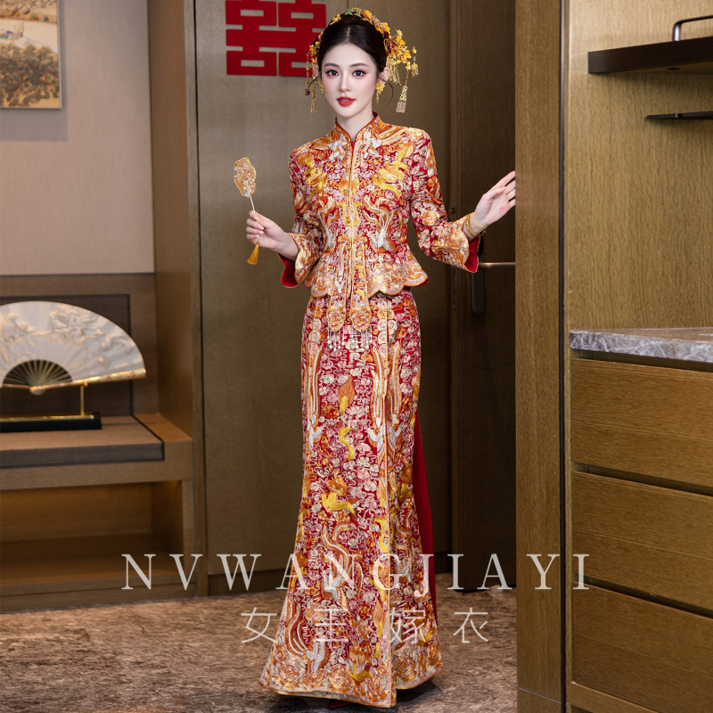 Dragon and Phoenix Gown 2026 New Style Bride Wedding Chinese Heavy Embroidery Wedding Dress Formal Dress for the Bride's Departure Ceremony, Fish Tail Xiuhe Gown Imperial Dress Dragon and Phoenix Gown 2026 New Style Bride Wedding Chinese Heavy Embroidery Wedding Dress Formal Dress for the Bride's Departure Ceremony, Fish Tail Xiuhe Gown Imperial Dress