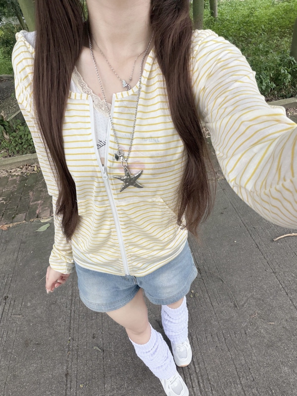 Lyocell Tencel Lazy Striped Hooded Zipper Cardigan Jacket Long-Sleeved Thin Summer Women's Style