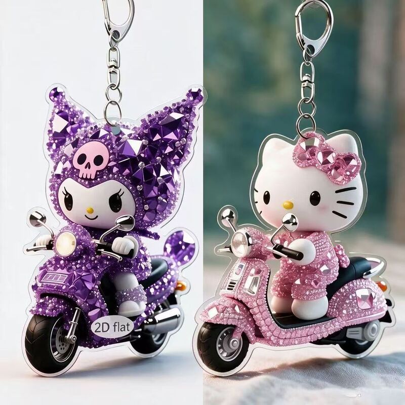 2D Acrylic Hello Kitty Riding a Bike Keychain Cute Cartoon Pendant Girly Gift Car Backpack
