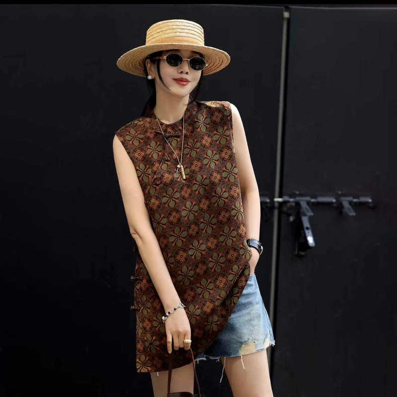 Silk Xiangyun Yarn Mid-Length Sleeveless Stand-Collar Mulberry Silk Shirt with Slit, New Chinese Style Fashionable Blouse