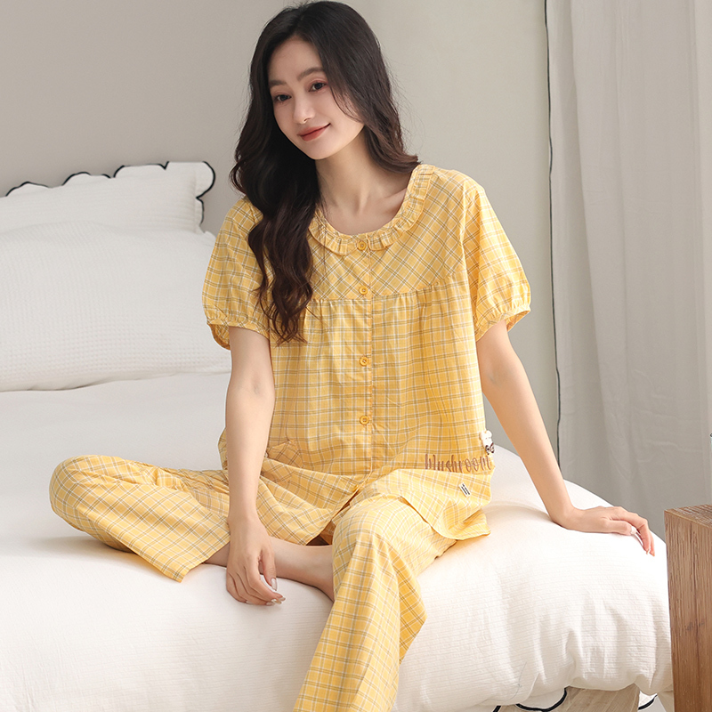 Summer Pajamas for Women, Short-Sleeved, Long Pants, Woven Pure Cotton Gauze, All-Cotton, Sweet Plaid, Thin Home Wear Set, Plus Size